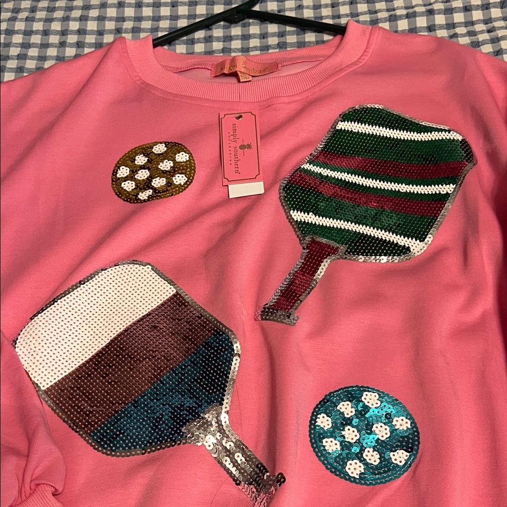 Simply Southern Pink Sequin Pickleball Paddle Sweatshirt & Sweatshort Set -XL